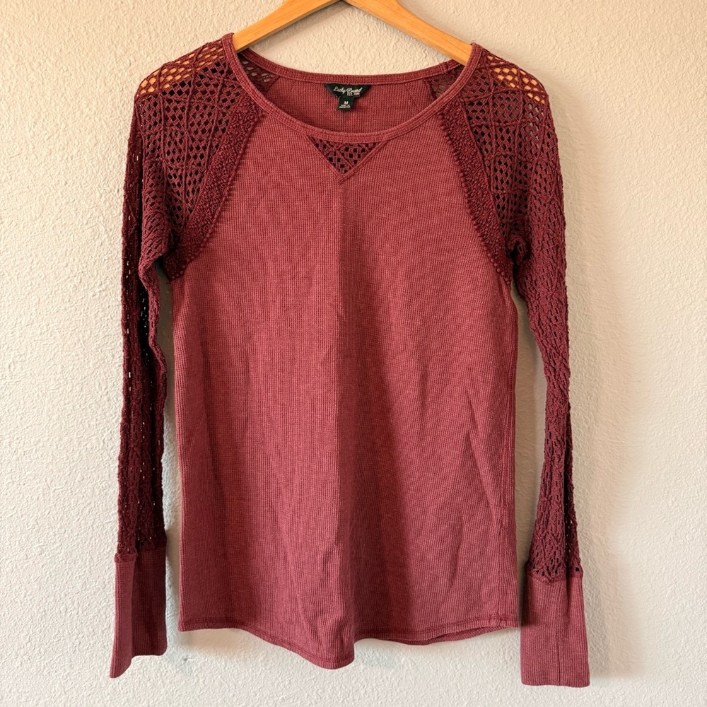 Lucky Brand Burgundy Red Boho Cotton Crochet Knit Long Sleeve Top Women's Medium - Picture 1 of 7